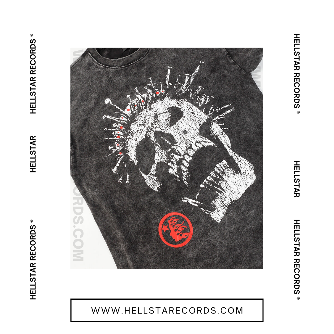 Closeup of the Hellstar Crowned Skull T-shirt  with bold Hellstar logo