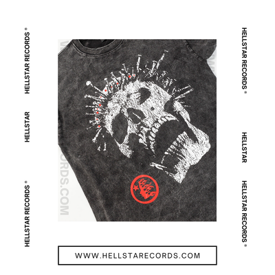 Closeup of the Hellstar Crowned Skull T-shirt  with bold Hellstar logo