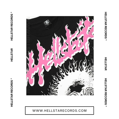 Closeup view of the Hellstar Heaven Sounds Like Tee in Black featuring bold pink and white graphic design.