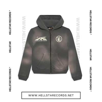 Front view of Hellstar Studios Zip-Up Hoodie available in grey, blue, and yellow with flame designs and Hellstar Records logo.