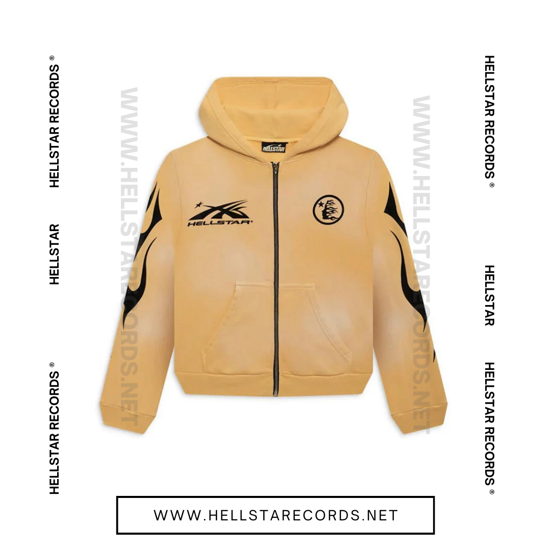 Front view of Hellstar Studios Zip-Up Hoodie available in grey, blue, and yellow with flame designs and Hellstar Records logo.