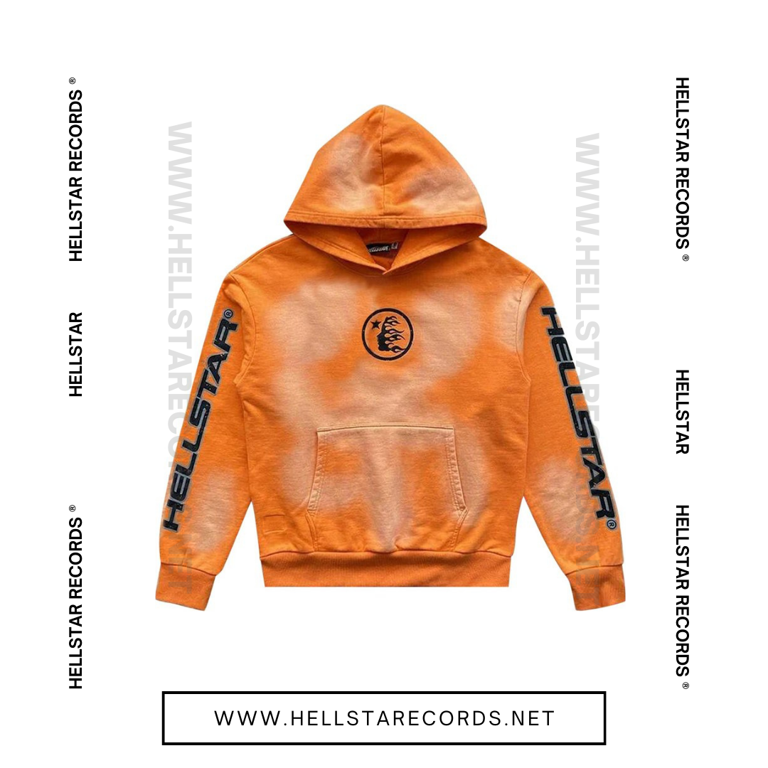 Front view of Fire Orange Hellstar Hoodie with Black Graphics, featuring Hellstar logo on sleeves, chest, and back - Streetwear Clothing