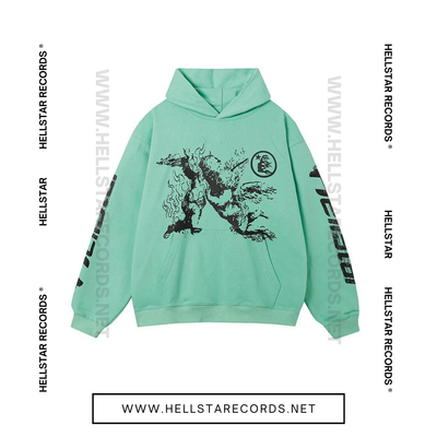 Front of Hellstar Path to Paradise Hoodie in Mint Green with bold back design, Hellstar Path to Paradise Hoodie in Black with bold back design