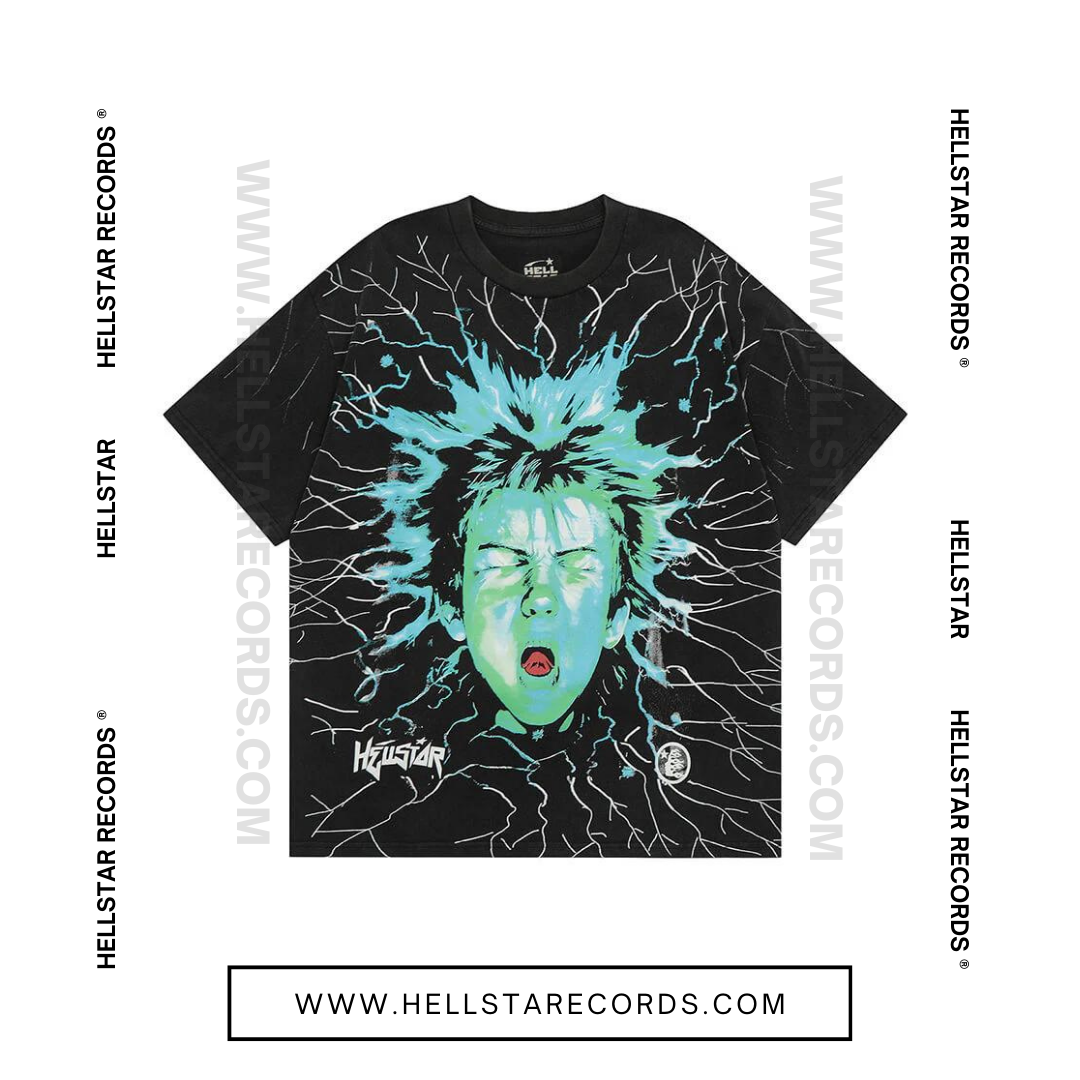 Front view of Hellstar Electric Kid T-shirt in Black featuring a neon electrified kid graphic
