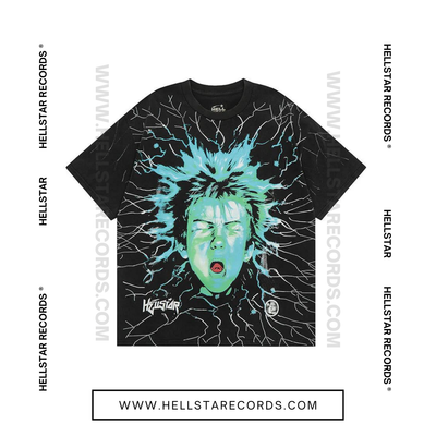 Front view of Hellstar Electric Kid T-shirt in Black featuring a neon electrified kid graphic
