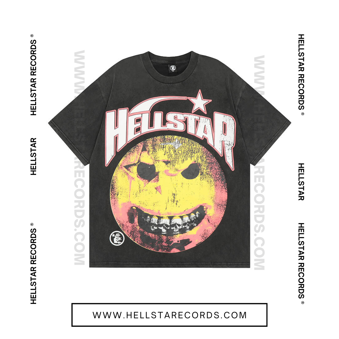 Front view of the Hellstar Evil Smile Tee featuring a distressed smiley graphic and Hellstar Records logo.