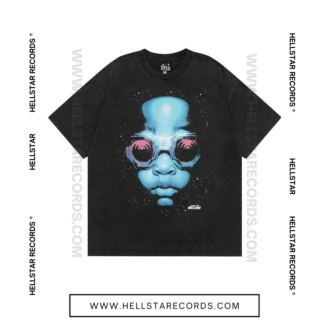 Front view of Hellstar Goggles T-shirt in Black featuring a futuristic blue face and oversized goggles design
