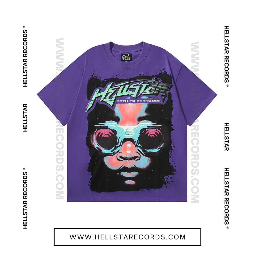 Front view of Hellstar Goggles T-shirt in Purple featuring a bold neon face and oversized goggles design