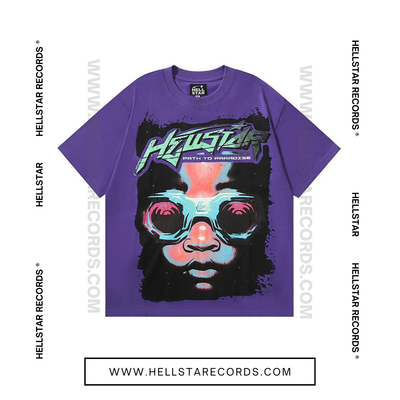 Front view of Hellstar Goggles T-shirt in Purple featuring a bold neon face and oversized goggles design