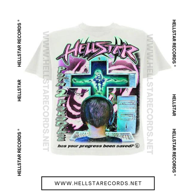 Front view of white Hellstar Online T-shirt with digital cross and retro computer elements