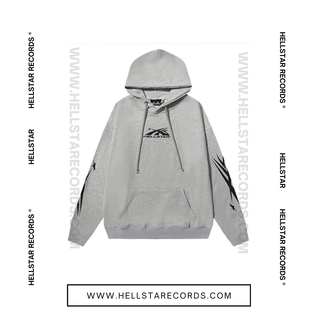 Front view of Hellstar Casual Grey Hoodie with black Hellstar logo on the front and star graphics on the sleeves.