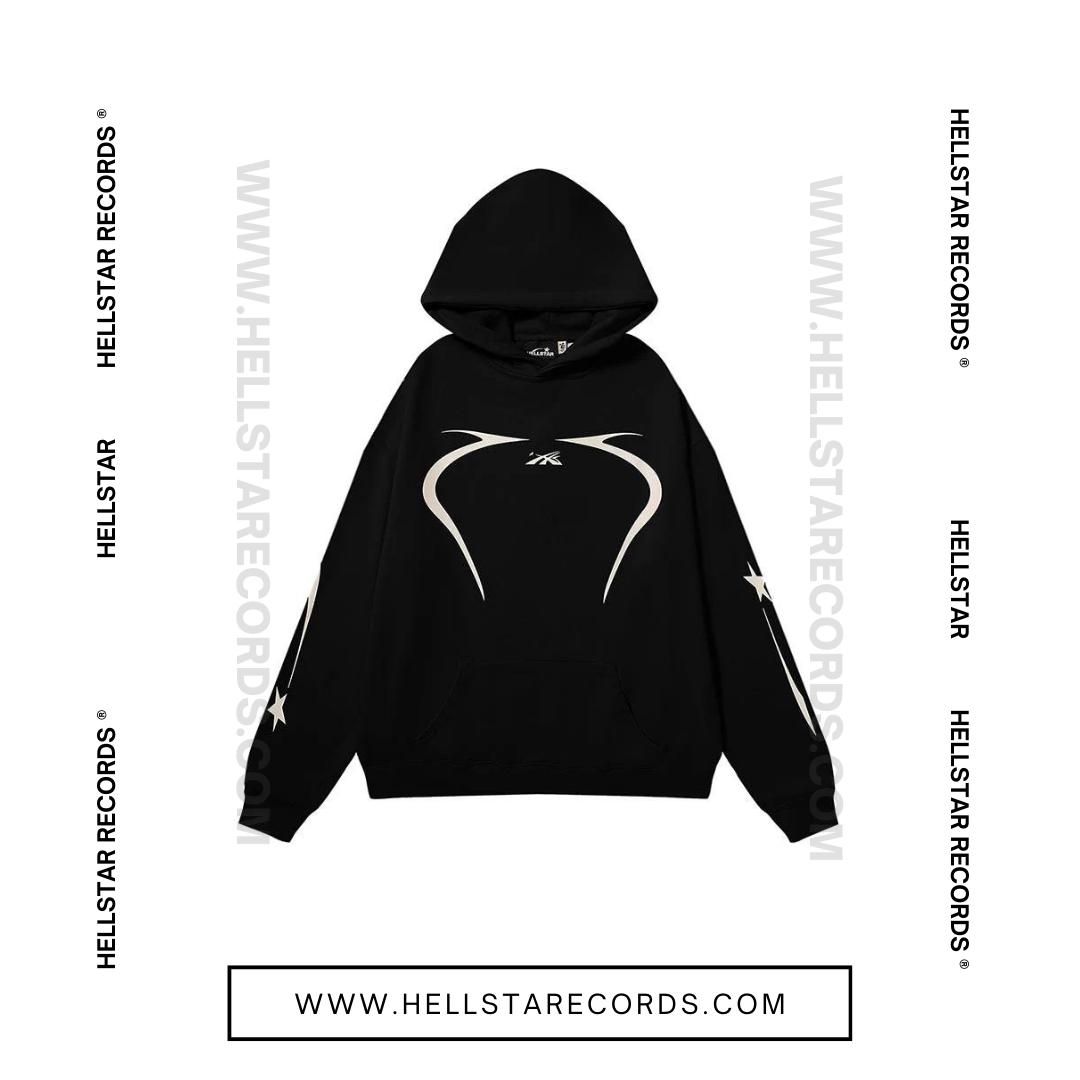 Front view of the Hellstar Sports Pullover Hoodie in black with reflective graphic design.