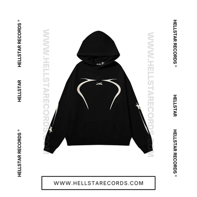 Front view of the Hellstar Sports Pullover Hoodie in black with reflective graphic design.