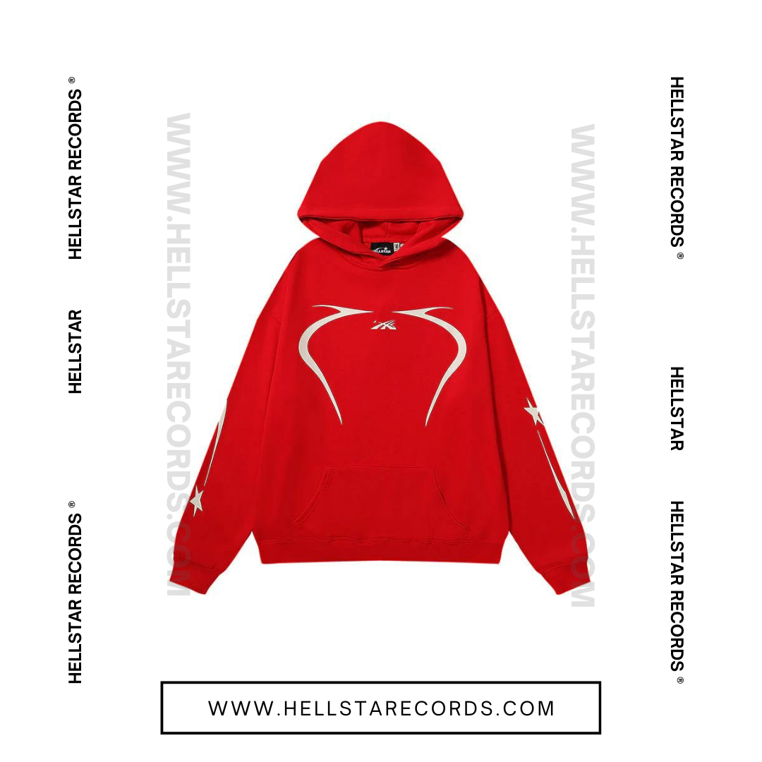 Front view of the Hellstar Sports Pullover Hoodie in red with reflective graphic design.