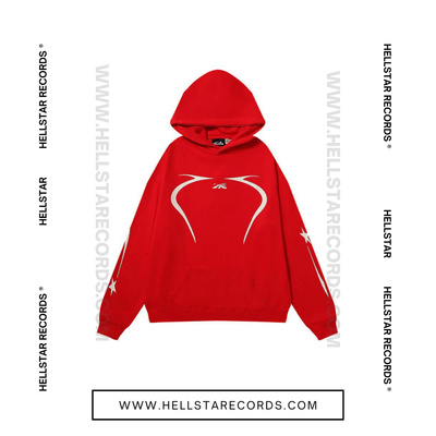 Front view of the Hellstar Sports Pullover Hoodie in red with reflective graphic design.