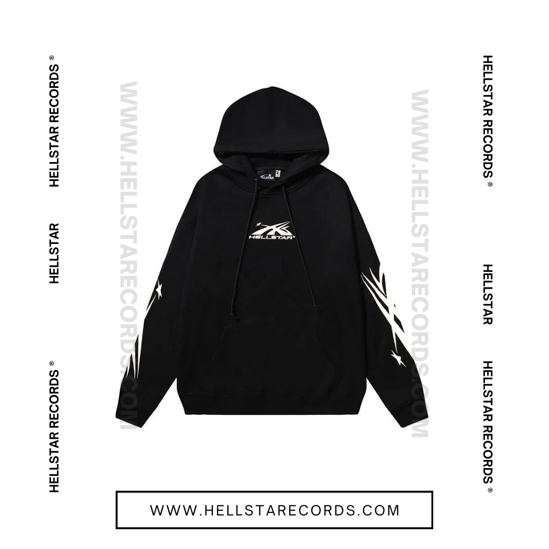 Front view of Hellstar WarmUp Capsule 11 Hoodie - Black with White Graphic, Hellstar Capsule 11