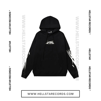 Front view of Hellstar WarmUp Capsule 11 Hoodie - Black with White Graphic, Hellstar Capsule 11