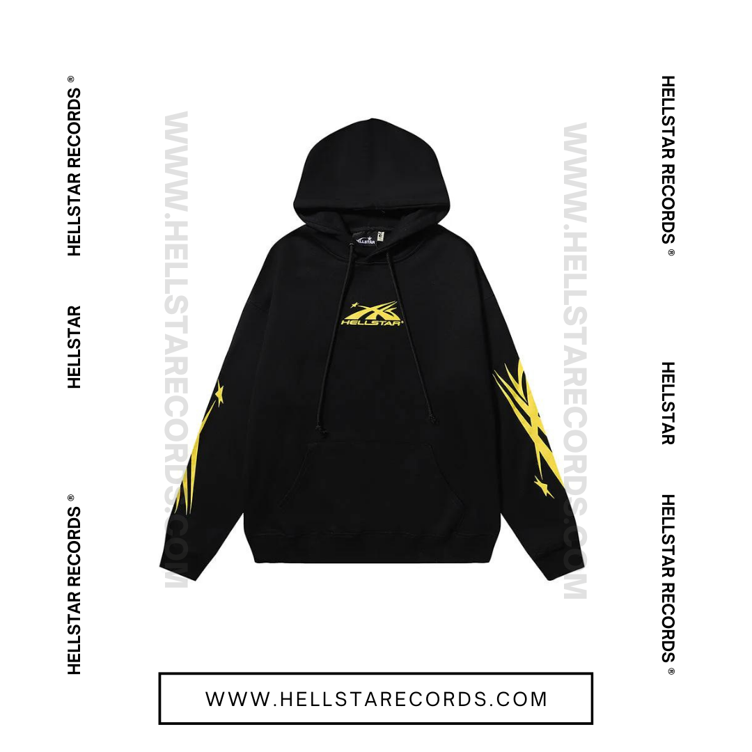 Front view of Hellstar WarmUp Capsule 11 Hoodie - Black with Yellow Graphic, Hellstar Black Hoodie