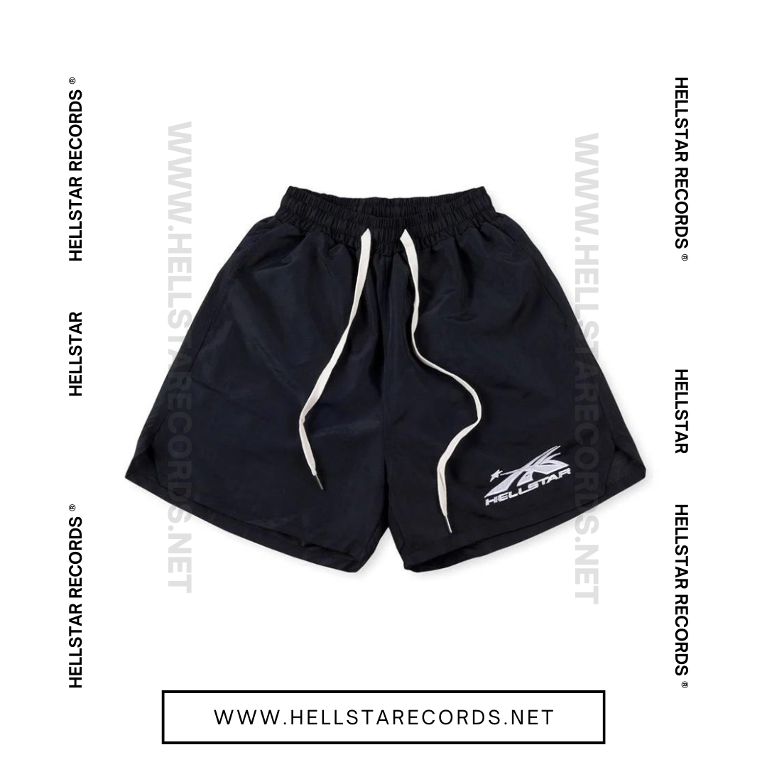 Front view of Hellstar Waxed Nylon Shorts with white drawstring on black fabric