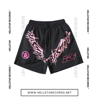 Front view of Hellstar Waxed Nylon Shorts with bold pink graphic on black fabric