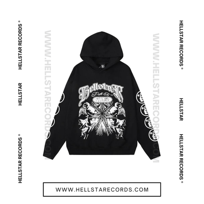 Front view of the Hellstar "We Found Our Victory" Capsule 6 Hoodie in Black featuring bold graphics and intricate lettering.