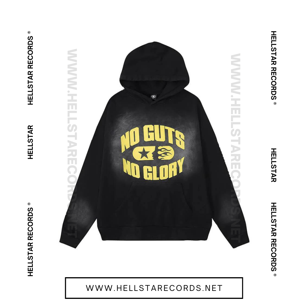 Front view of Black Hellstar hoodie by Hellstar Studios featuring "No Guts No Glory" slogan.

