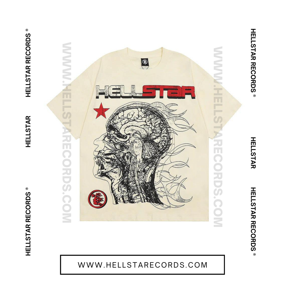 Front view of Hellstar Human Development Cream Tee with brain and flame graphic