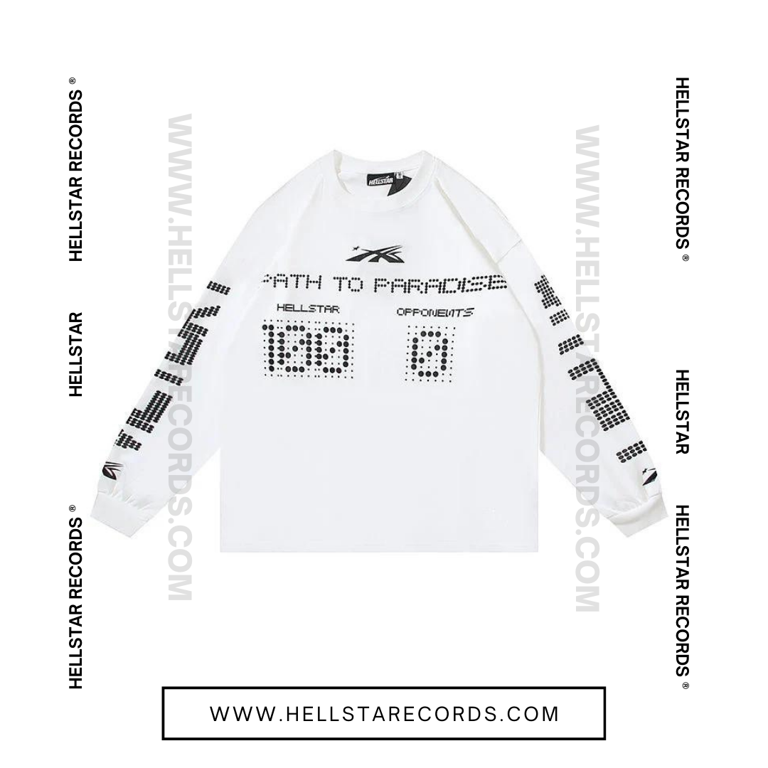 Front view of Hellstar P2P Classic Longsleeve Tee in white with scoreboard graphic