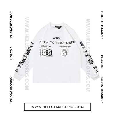 Front view of Hellstar P2P Classic Longsleeve Tee in white with scoreboard graphic