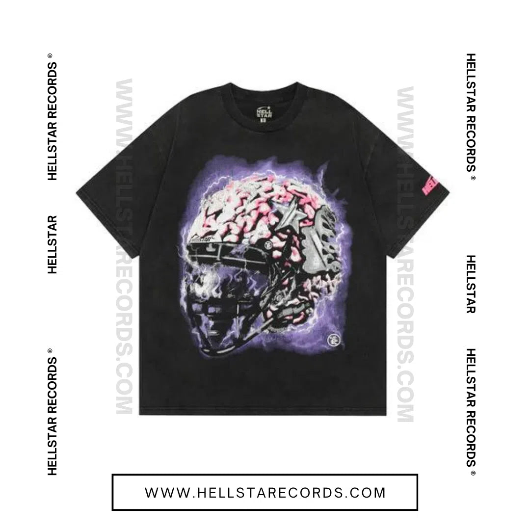 Front view of Hellstar Records Powered By Stars Tee in black with bold pink graphics