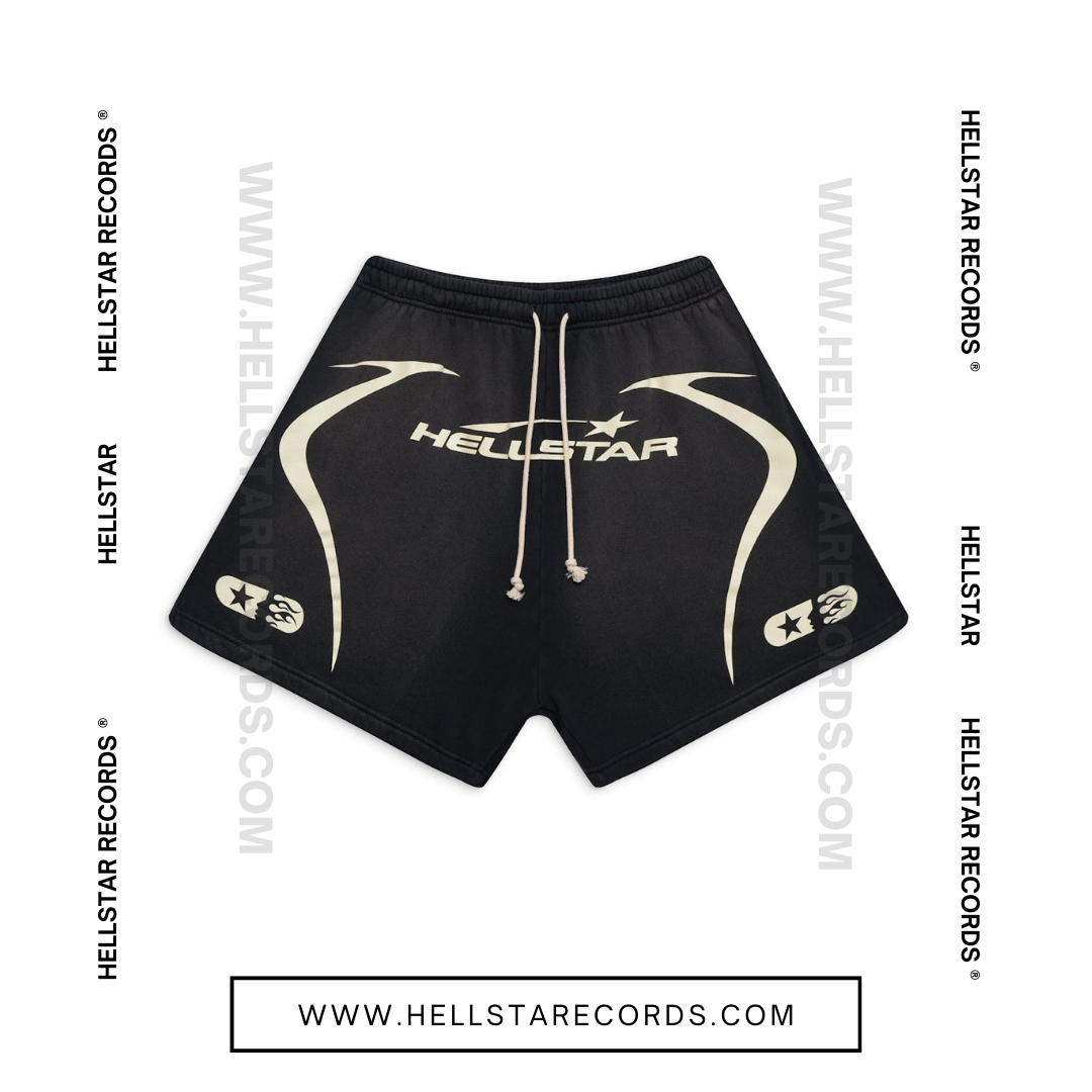 Front view of Hellstar Warmup Shorts in Black with white logo and flame graphic