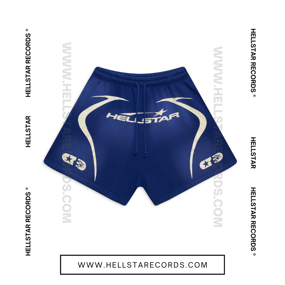 Front view of Hellstar Warmup Shorts in Blue with white logo and flame graphic