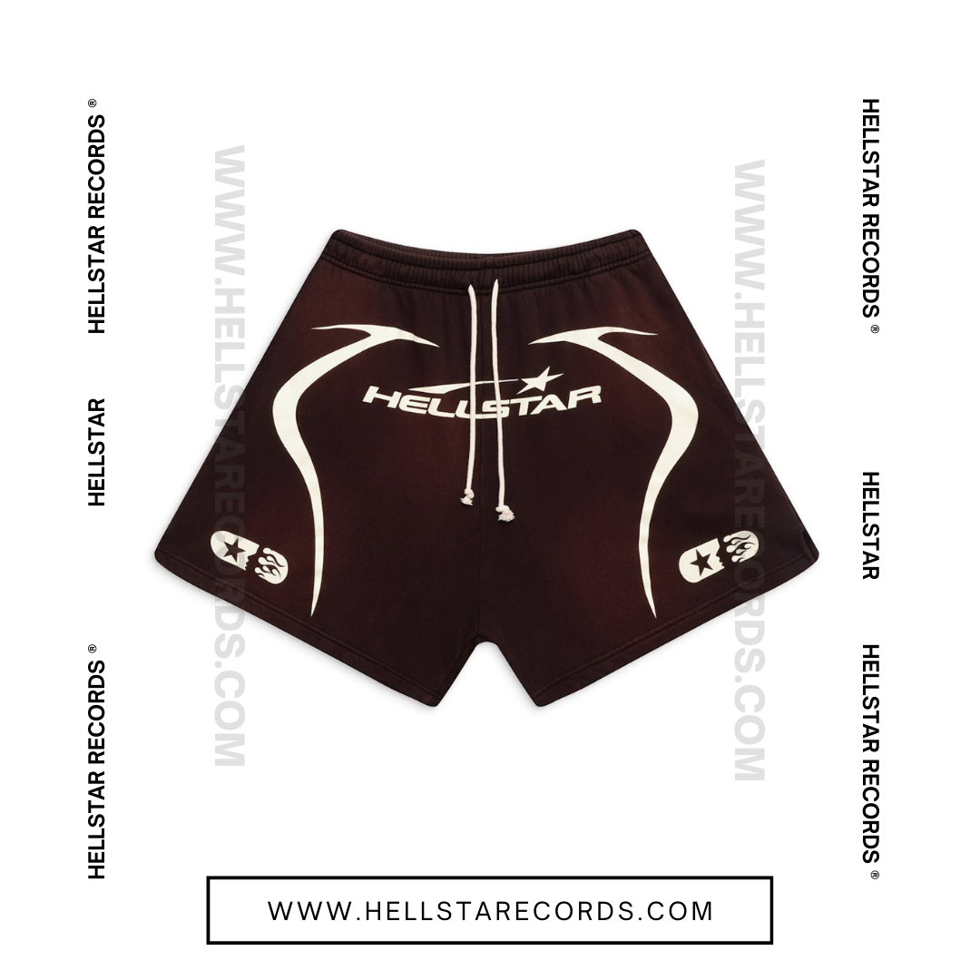 Front view of Hellstar Warmup Shorts in Brown with white logo and flame graphic