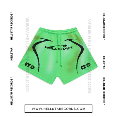 Front view of Hellstar Warmup Shorts in Green with black logo and flame graphic