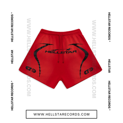 Front view of Hellstar Warmup Shorts in Red with black logo and flame graphic