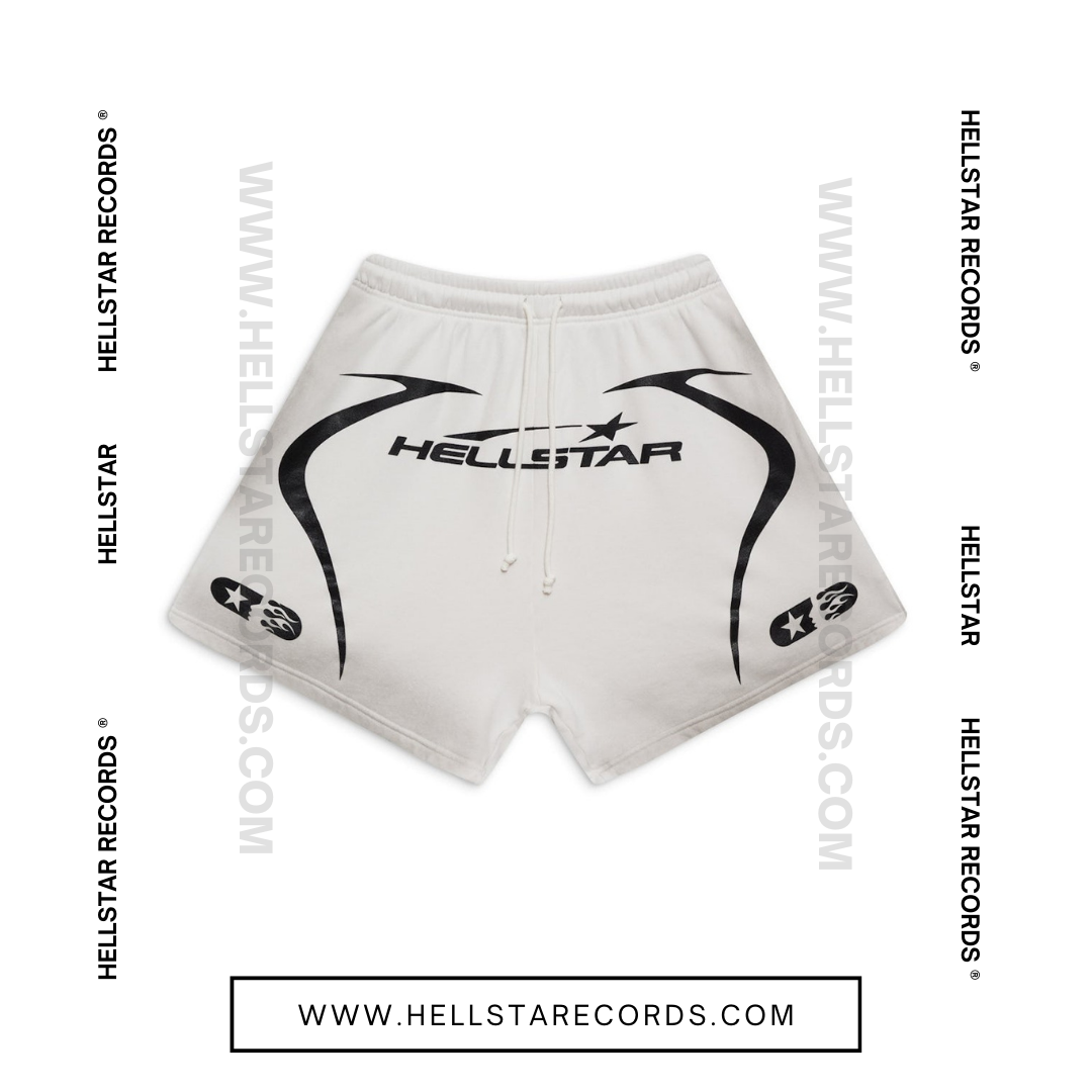 Front view of Hellstar Warmup Shorts in Red with black logo and flame graphic