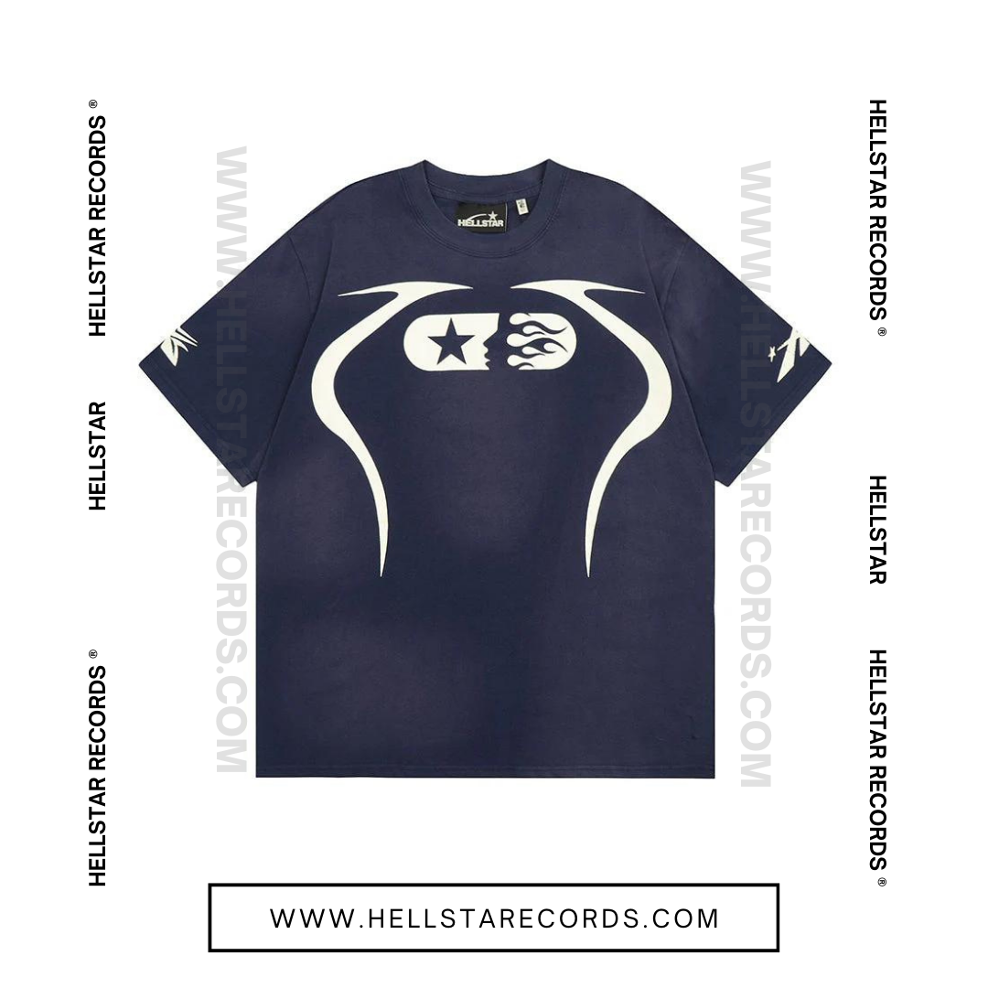 Front view of Hellstar Warmup Tee in blue with flame and star logo