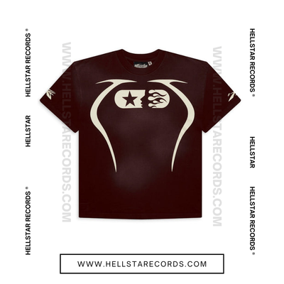 Front view of Hellstar Warmup Tee in brown with flame and star logo