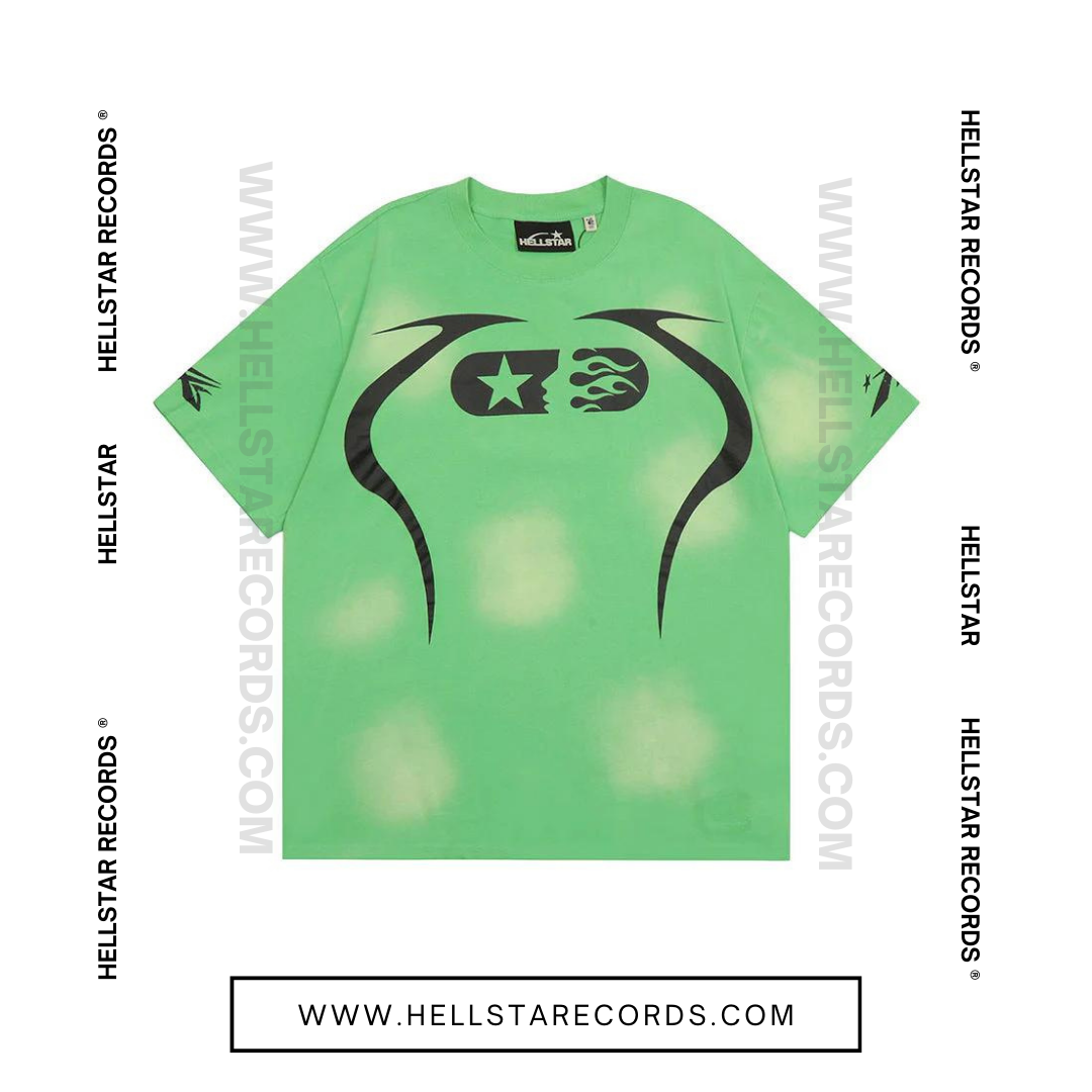 Front view of Hellstar Warmup Tee in green with flame and star logo