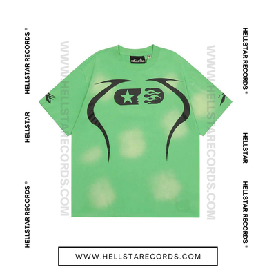 Front view of Hellstar Warmup Tee in green with flame and star logo