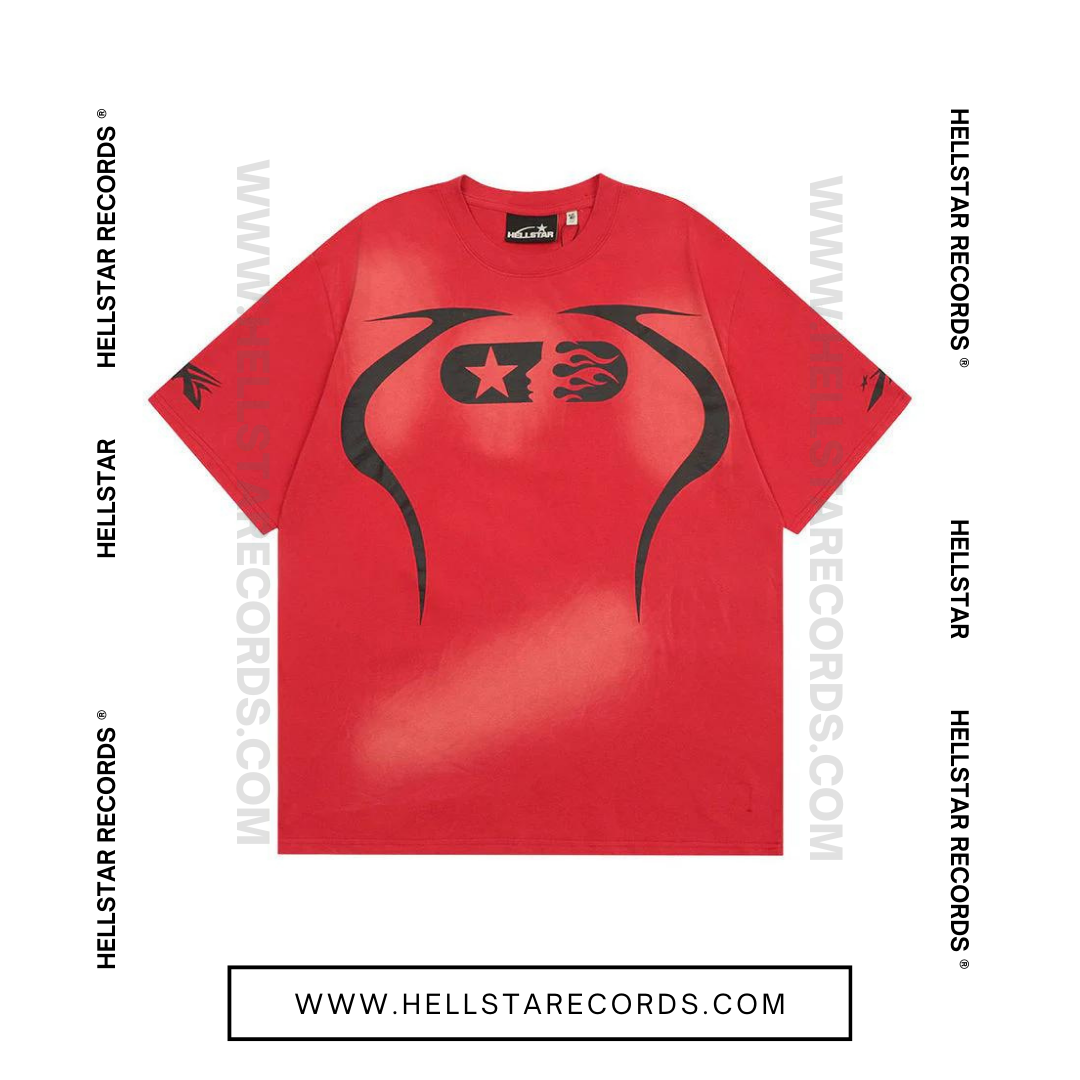 Front view of Hellstar Warmup Tee in red with flame and star logo