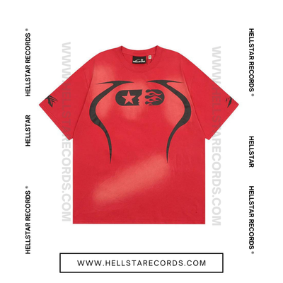 Front view of Hellstar Warmup Tee in red with flame and star logo