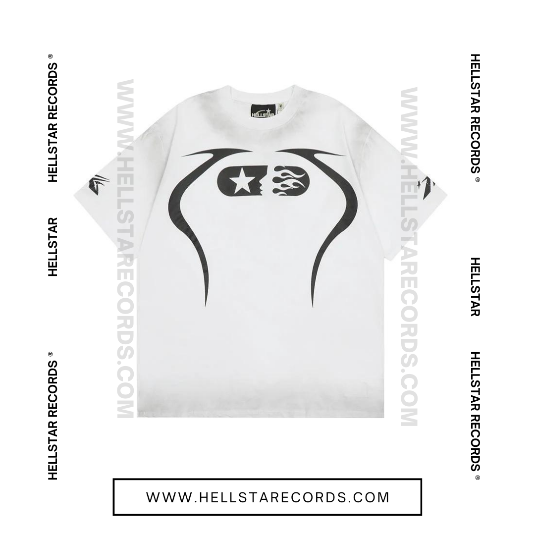 Front view of Hellstar Warmup Tee in white with flame and star logo