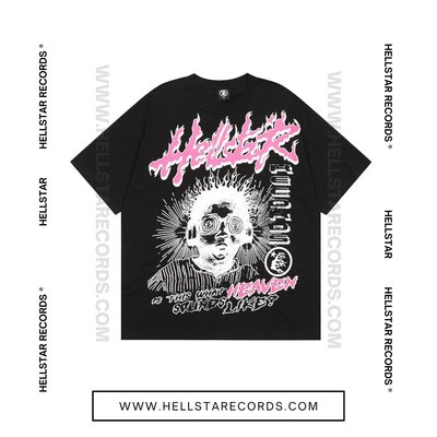 Front view of the Hellstar Heaven Sounds Like Tee in Black featuring bold pink and white graphic design.