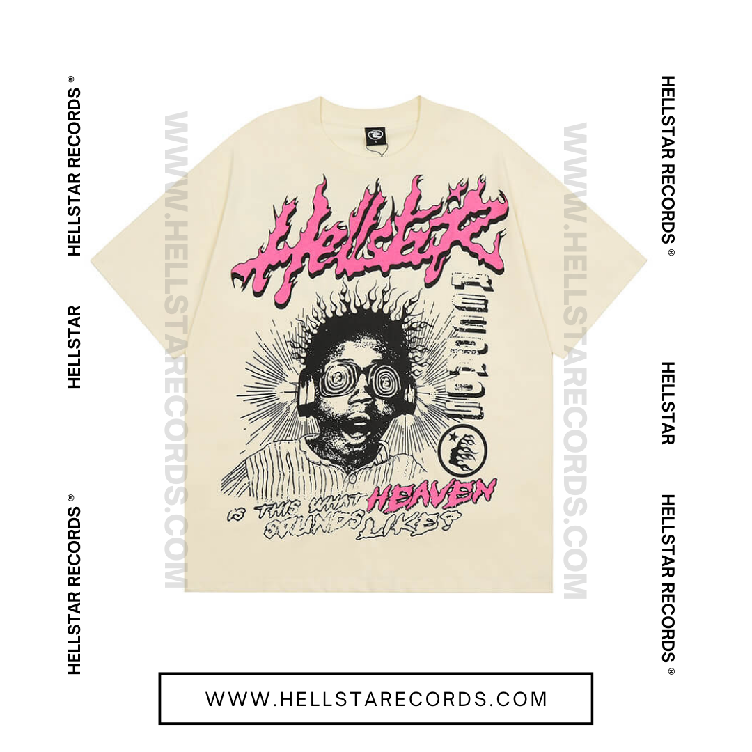 Front view of the Hellstar Heaven Sounds Like Tee in Cream with bold pink and black graphic design.