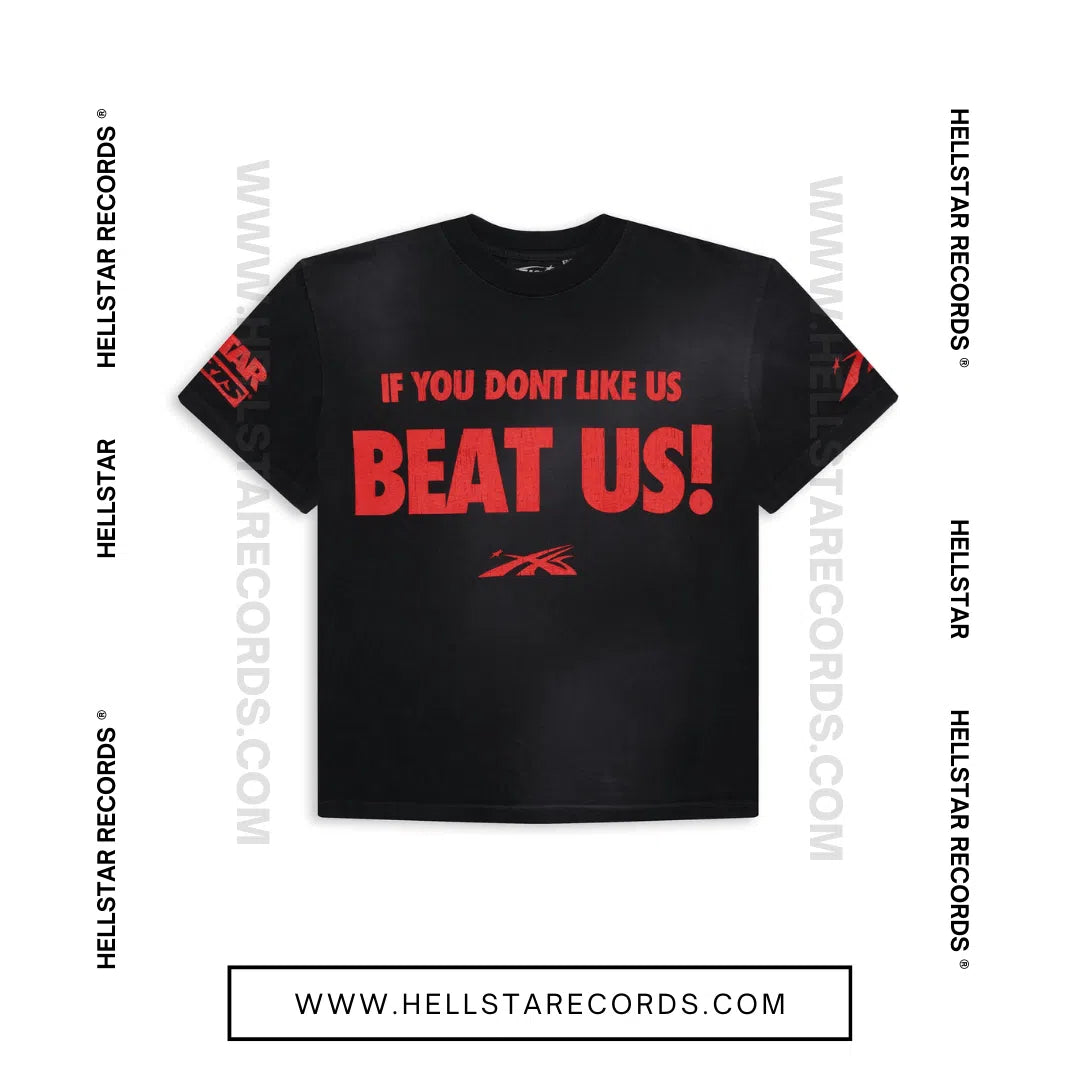 Front view of the Hellstar Records Beat Us! Tee, featuring bold red graphics and the Hellstar flame logo.