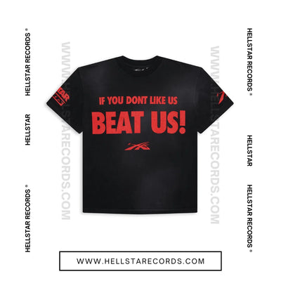 Front view of the Hellstar Records Beat Us! Tee, featuring bold red graphics and the Hellstar flame logo.