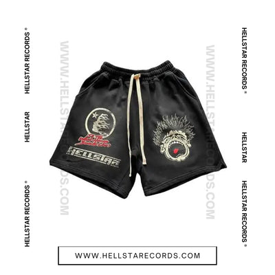 Front view of the Hellstar Records Shorts featuring bold graphic designs and the Hellstar Records logo.