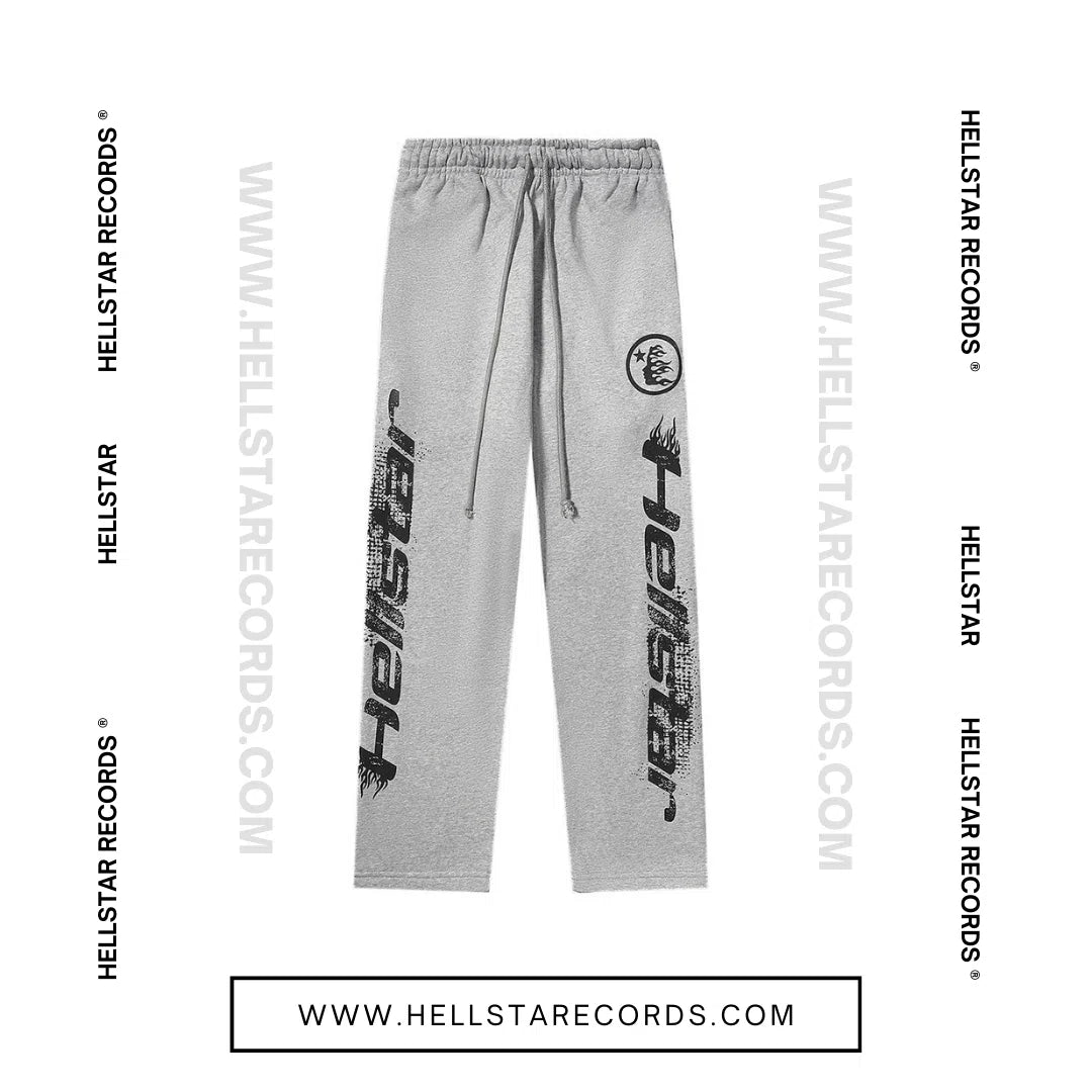 Hellstar Casual Grey Sweatpant with black Hellstar logo and flame design down the legs.