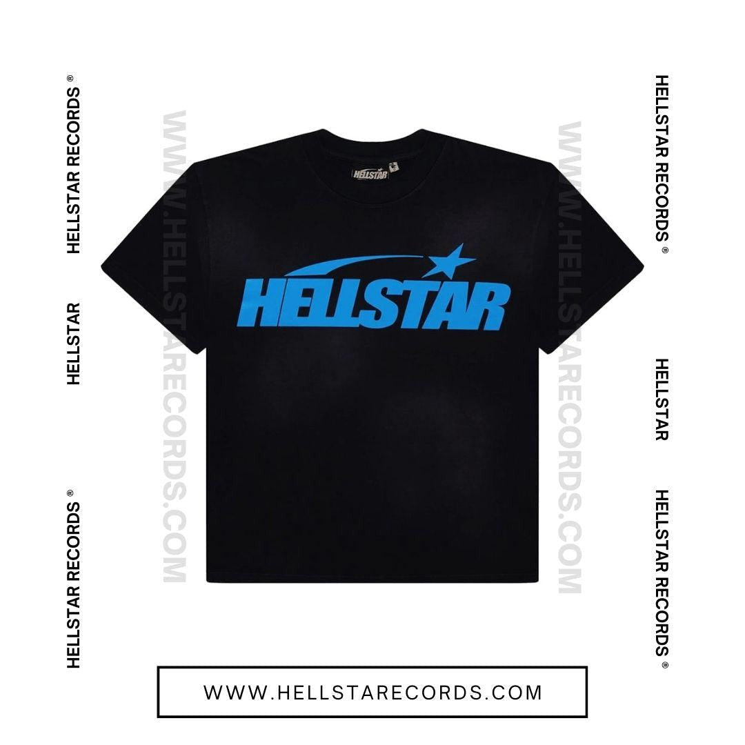 Hellstar Classic T-Shirt - Black with Blue Gel Print Designs (Front)